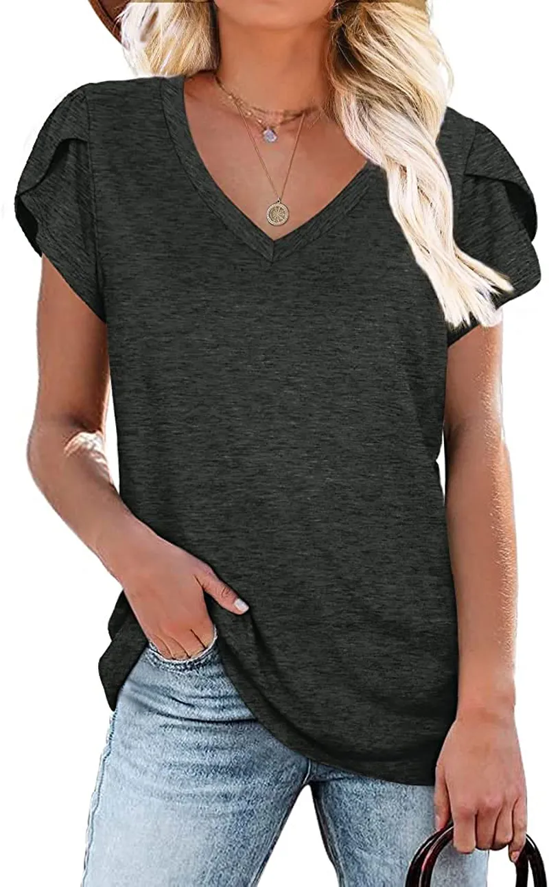 WIHOLL Womens Tops V Neck Summer Petal Sleeve Casual Tshirts