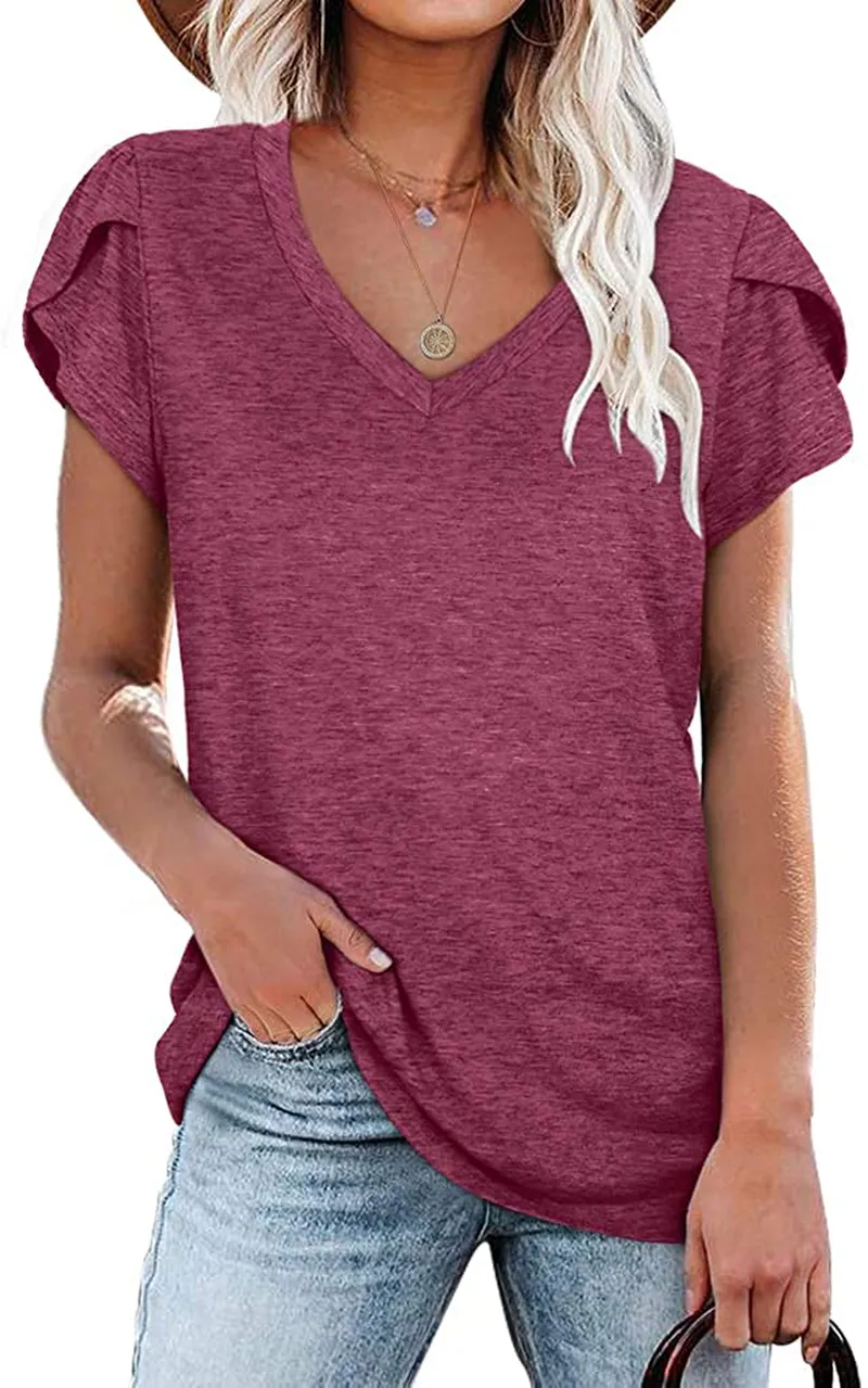 WIHOLL Womens Tops V Neck Summer Petal Sleeve Casual Tshirts