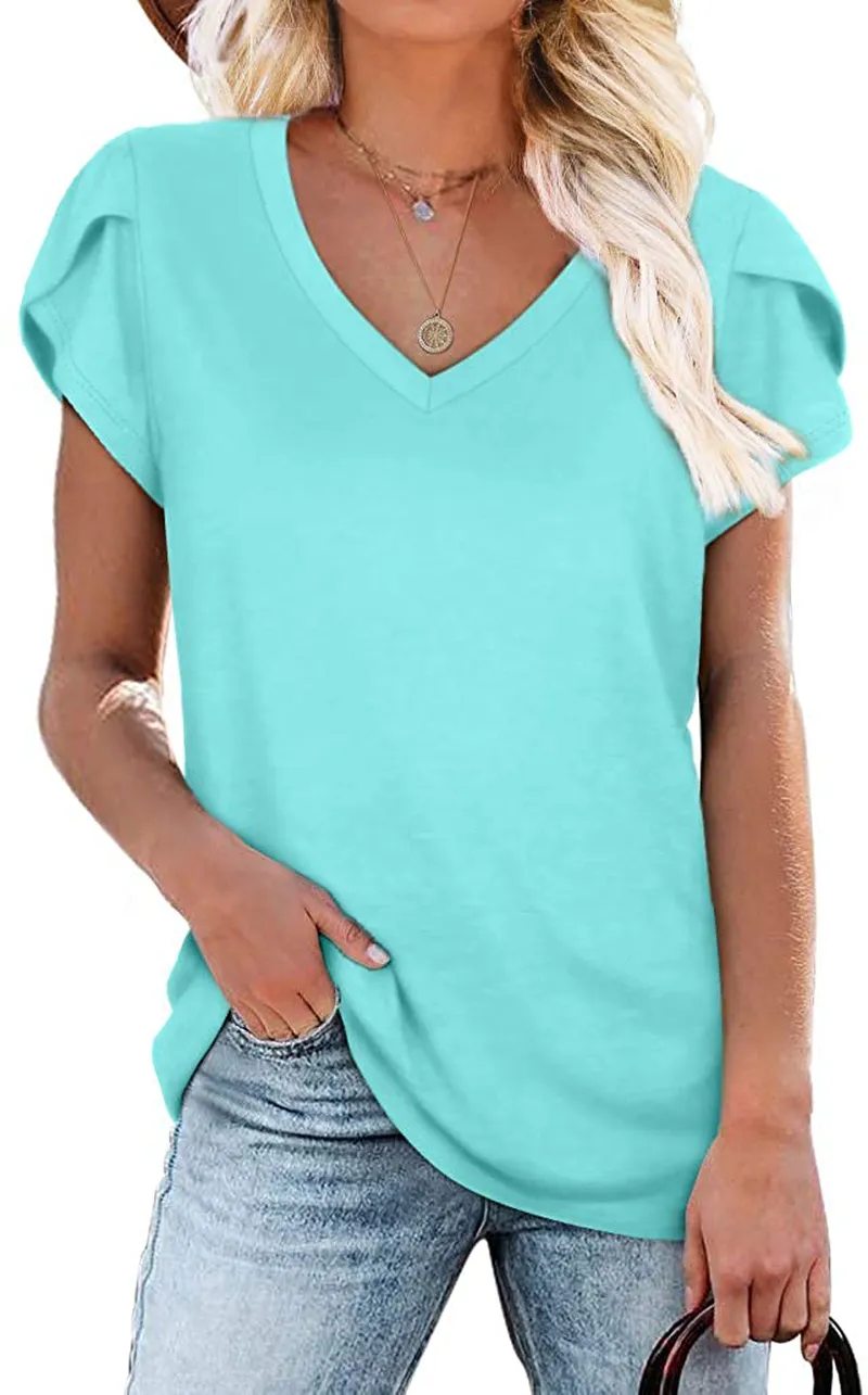 WIHOLL Womens Tops V Neck Summer Petal Sleeve Casual Tshirts