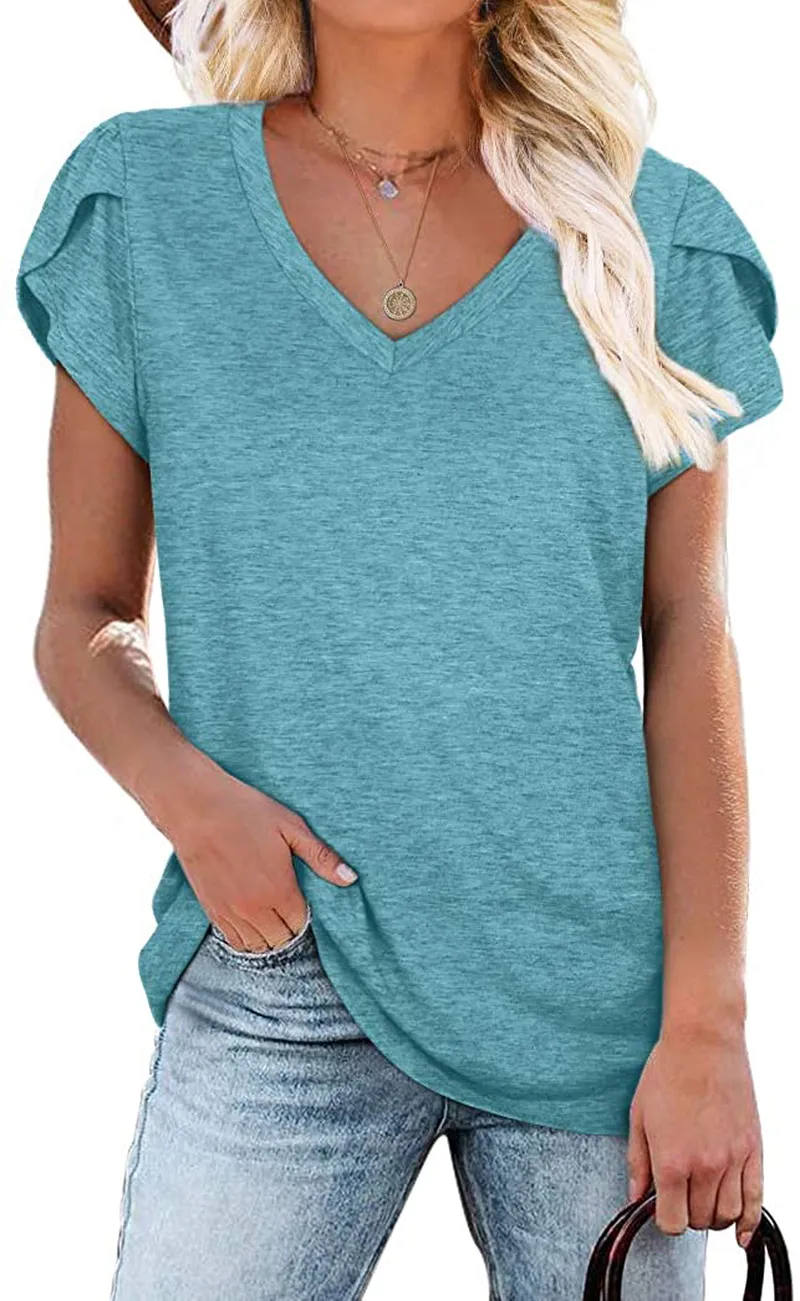 WIHOLL Womens Tops V Neck Summer Petal Sleeve Casual Tshirts