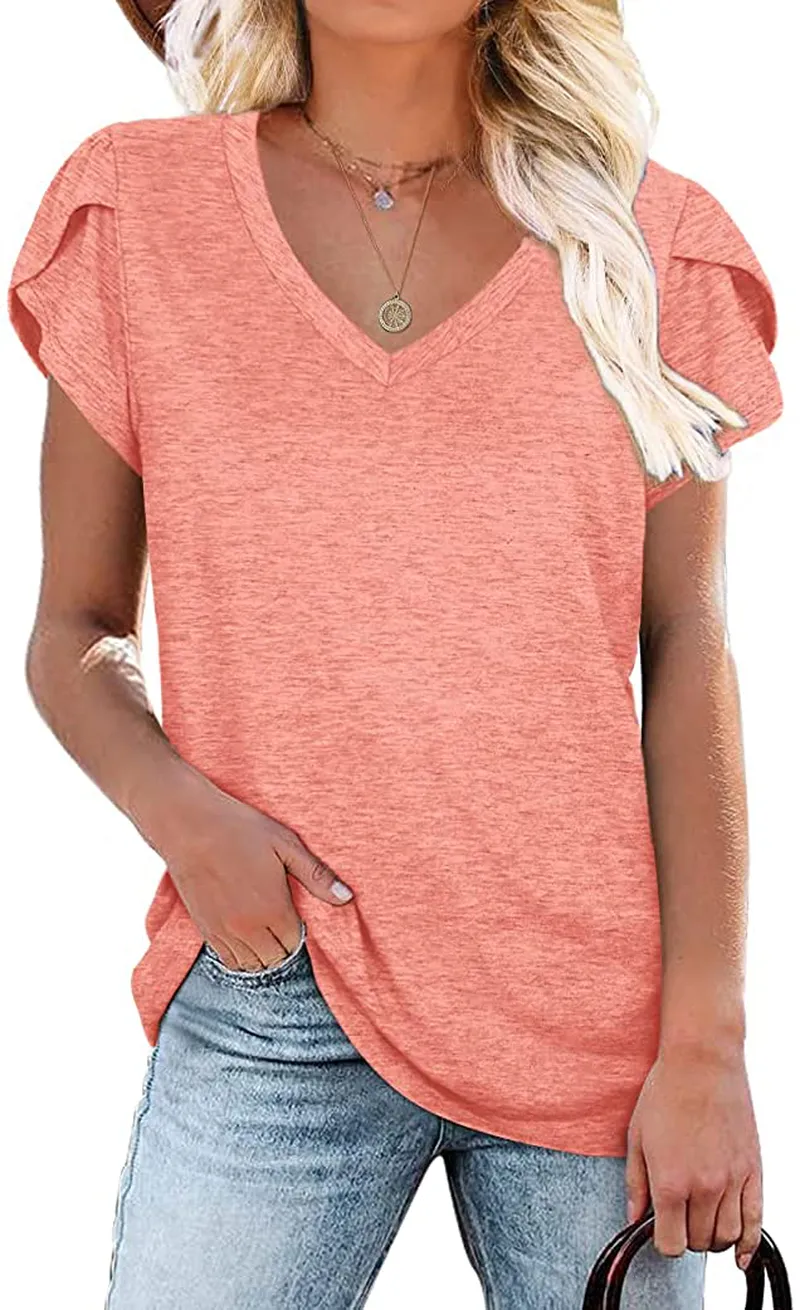 WIHOLL Womens Tops V Neck Summer Petal Sleeve Casual Tshirts