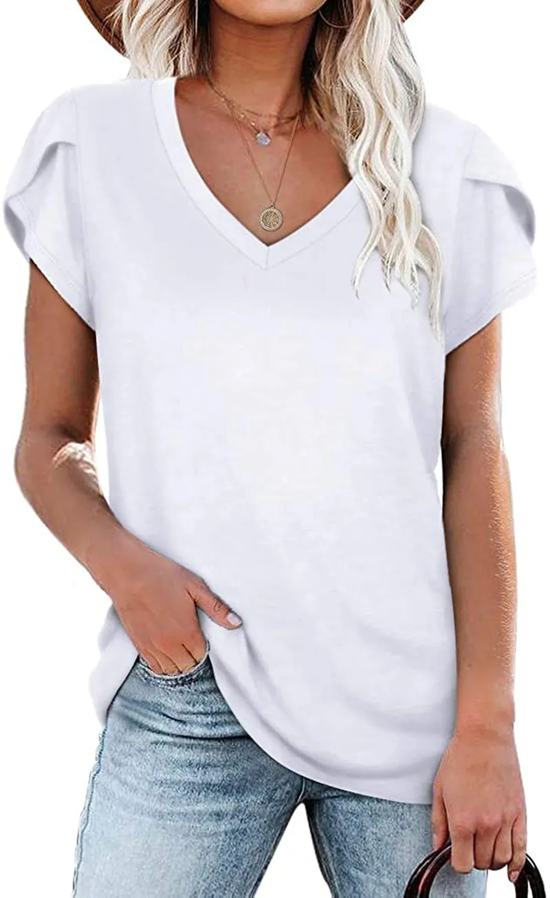 WIHOLL Womens Tops V Neck Summer Petal Sleeve Casual Tshirts