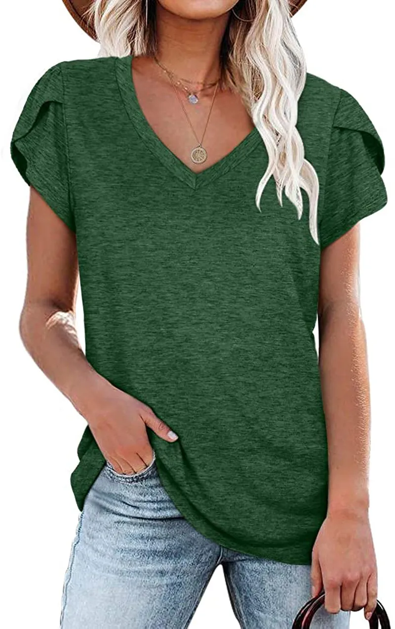 WIHOLL Womens Tops V Neck Summer Petal Sleeve Casual Tshirts