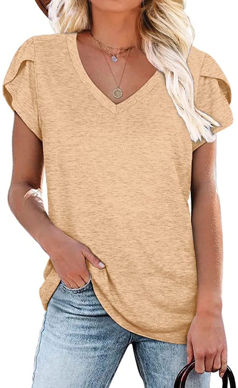 WIHOLL Womens Tops V Neck Summer Petal Sleeve Casual Tshirts