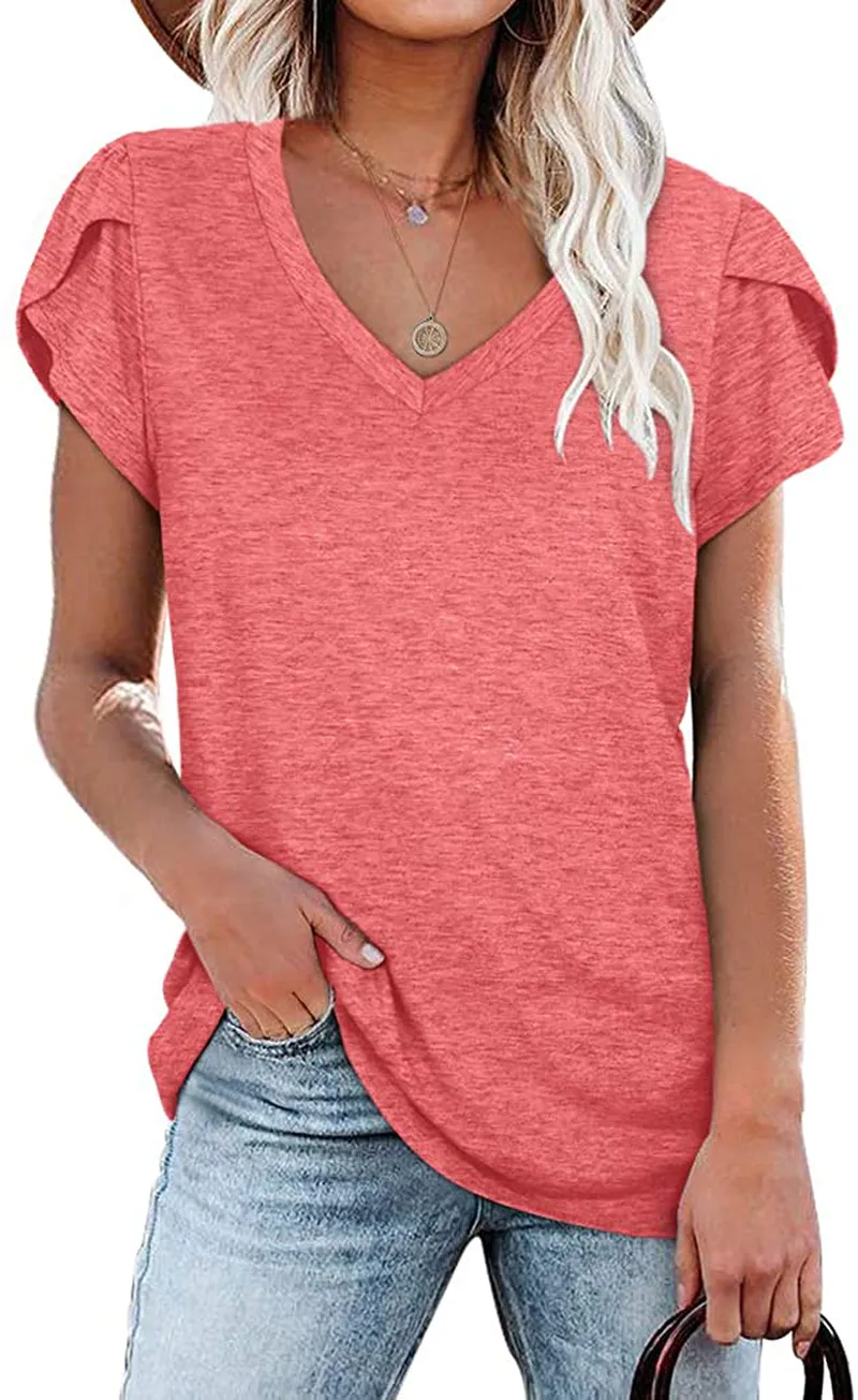 WIHOLL Womens Tops V Neck Summer Petal Sleeve Casual Tshirts