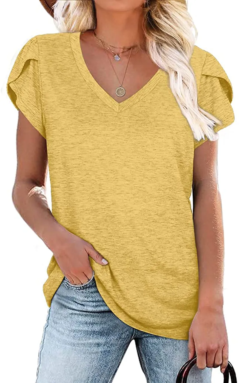 WIHOLL Womens Tops V Neck Summer Petal Sleeve Casual Tshirts