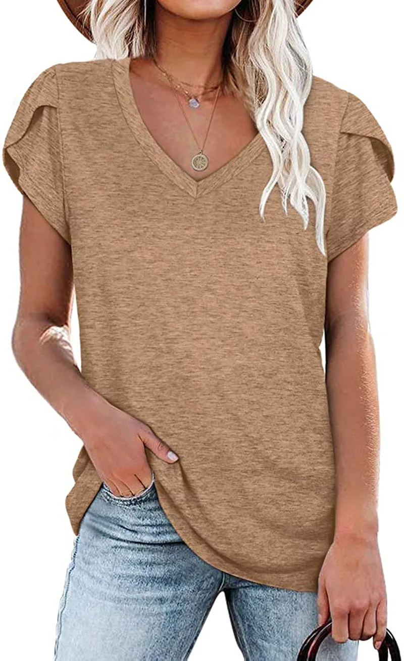 WIHOLL Womens Tops V Neck Summer Petal Sleeve Casual Tshirts