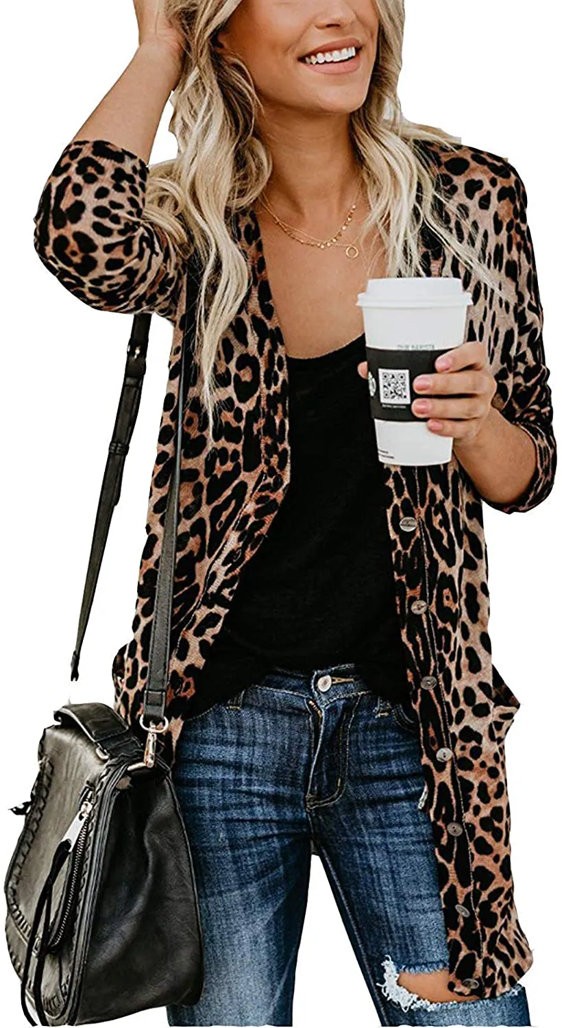 Women Lightweight Cardigan Leopard Printed Button Down Cardigans Shirt W Pockets(S-2XL)