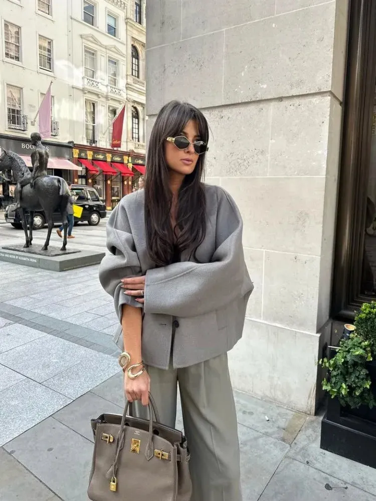 Women's Boutique Fashion Short Jacket Chic Lantern Sleeve Single Breasted Coat V-Neck Overcoats Autumn Office Streetwear Jackets