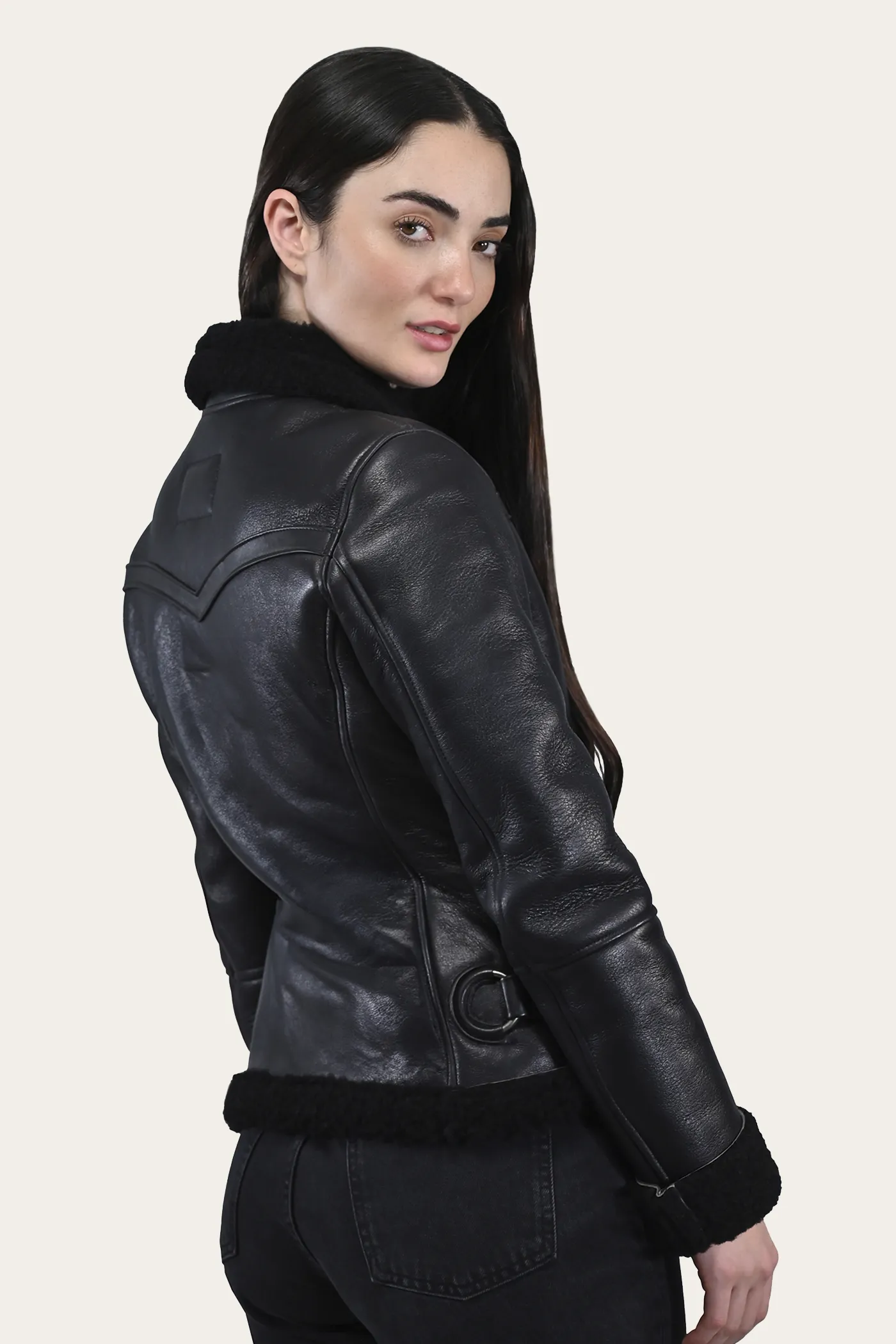 Women's Leather Jacket With Sherling Collar And Cuffs