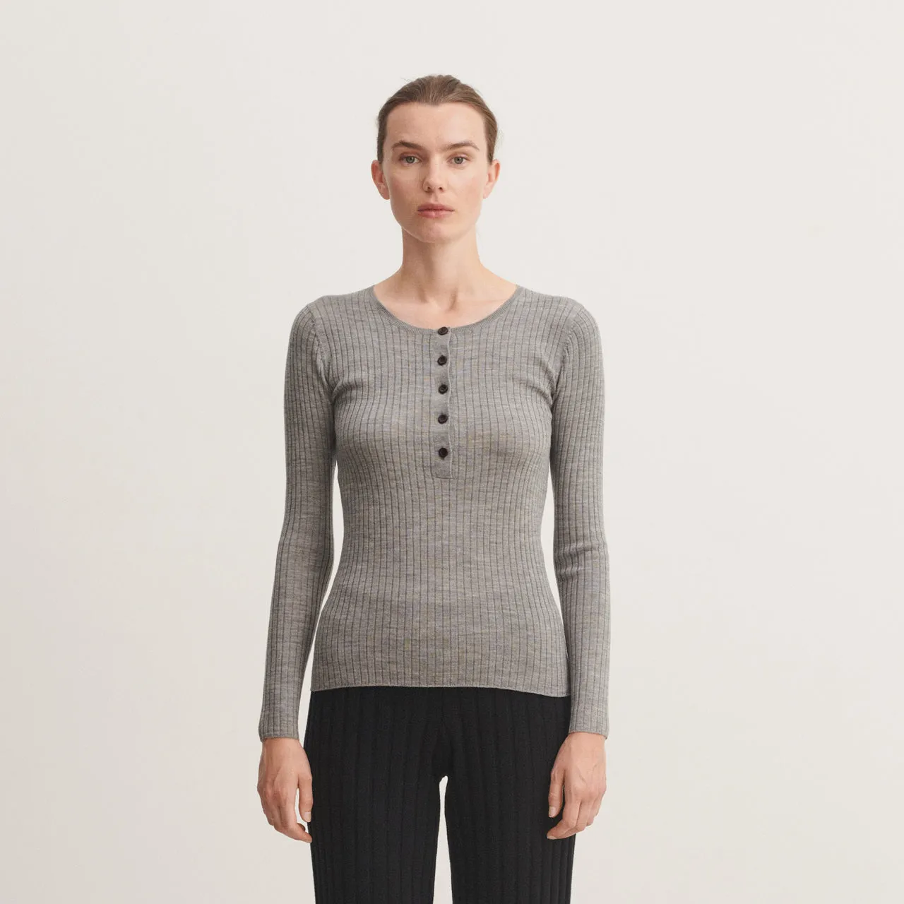 Women's Long Sleeve Rib Top - 100% Merino - Grey Melange (XS-L)